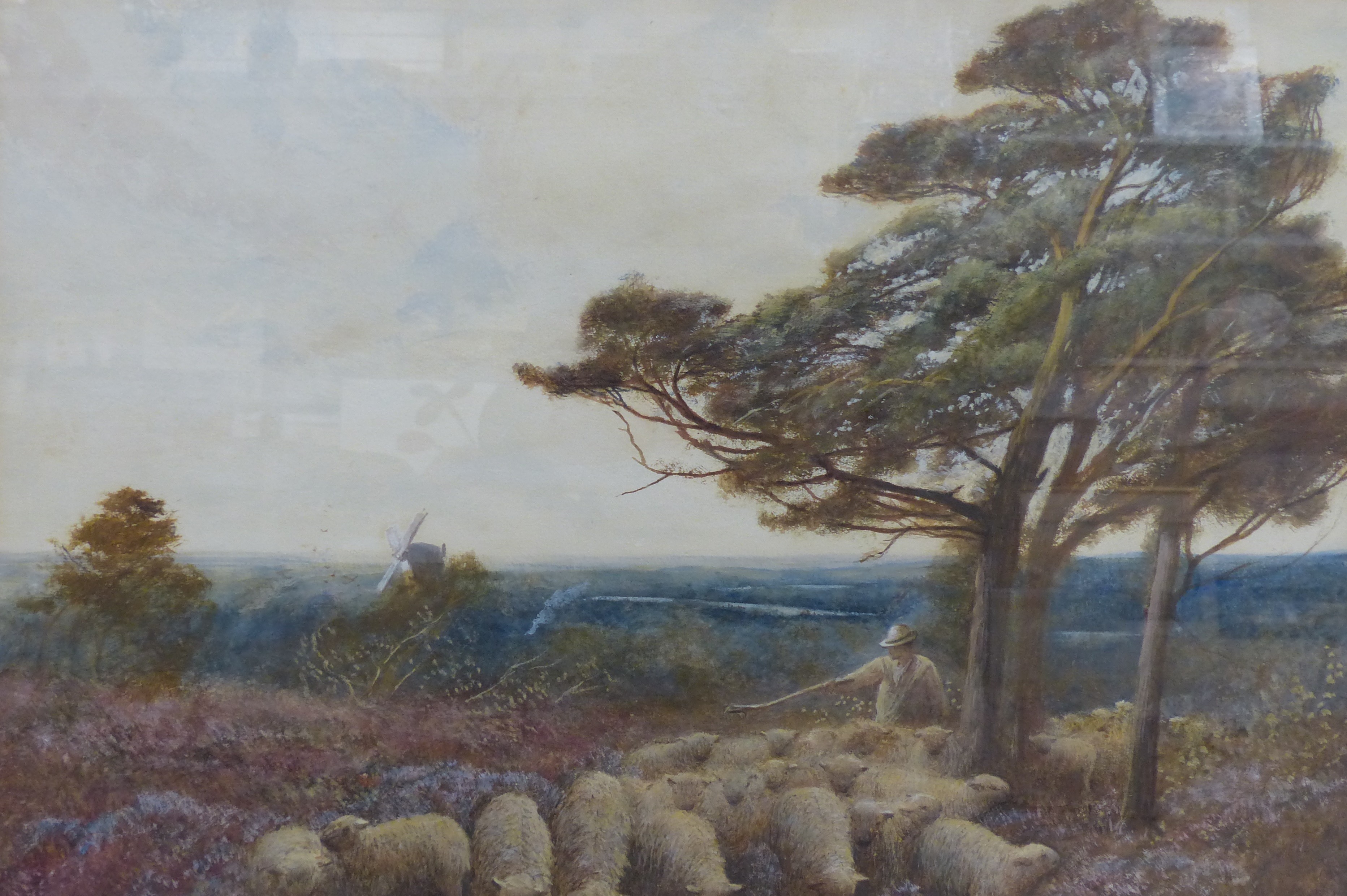 William Langley (1852-1922), watercolour, Landscape with shepherd and sheep, signed and dated, 54 x 37cm